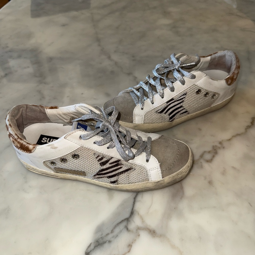 Golden Goose White and Gray Sneakers with Brown Details